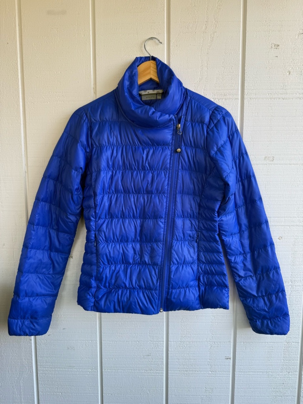 Athleta Vibrant Blue Downalicious Asymetrical Down Puffer Jacket Size XS